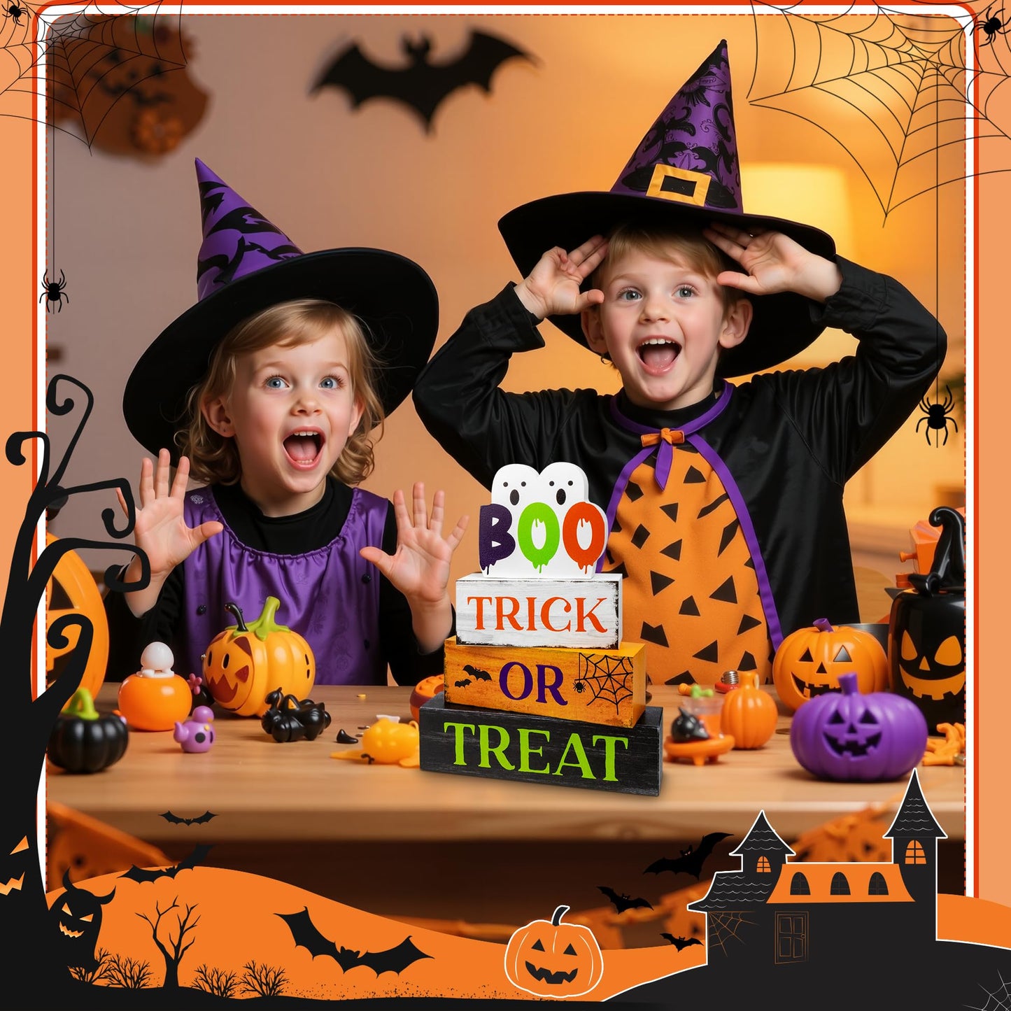 4 Pcs Halloween Wooden Tiered Tray Decor, Trick or Treat Decorations Gifts for Home, Halloween Table Centerpiece for Fall Party Kitchen