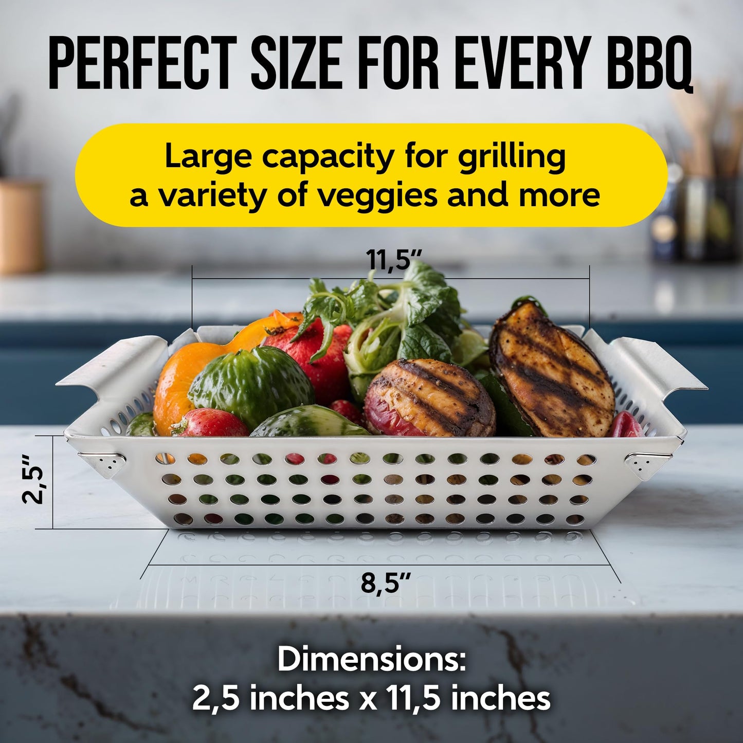 Kaluns Heavy Duty Stainless Steel Vegetable Grill Basket, Rectangular, Silver, Dishwasher Safe Grills and Vegetables