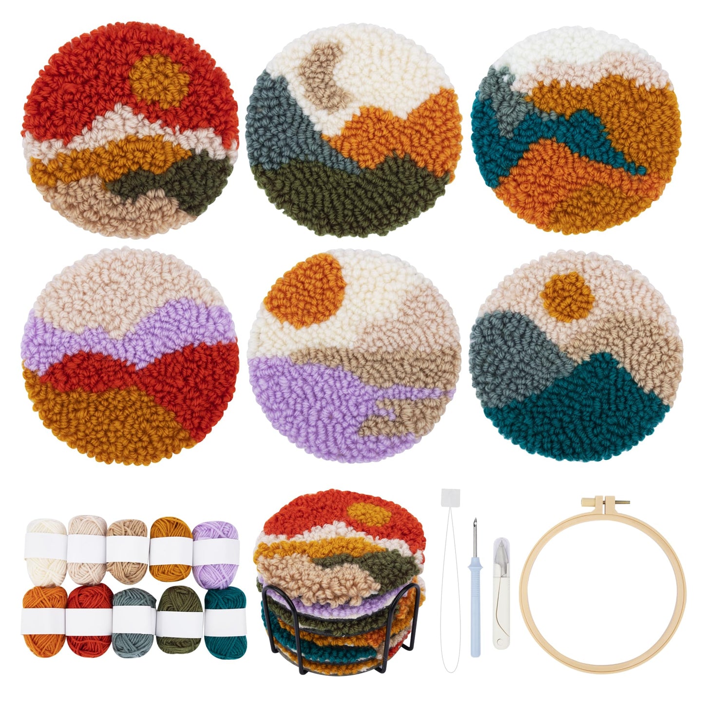 Temlum Punch Needle Coasters Kit, Punch Needle Embroidery Kits for Adults and Beginners - Including Patterns, Tools, Yarns, Hoop, Instruction, Coaster Holder Art Craft Supplies - Landscape