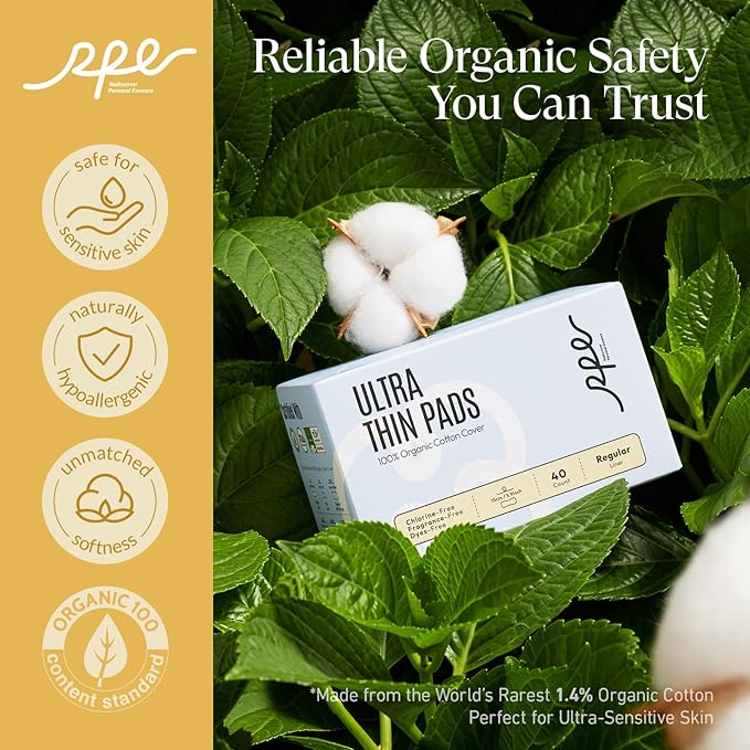 100% Organic Panty Liners for Women, Ultra Thin Cotton Cover, Regular Pantiliners, Light Absorbency, Unscented Barely There Pantie Liners, Individually Wrapped (Regular Liner, Size 1, 40ct)