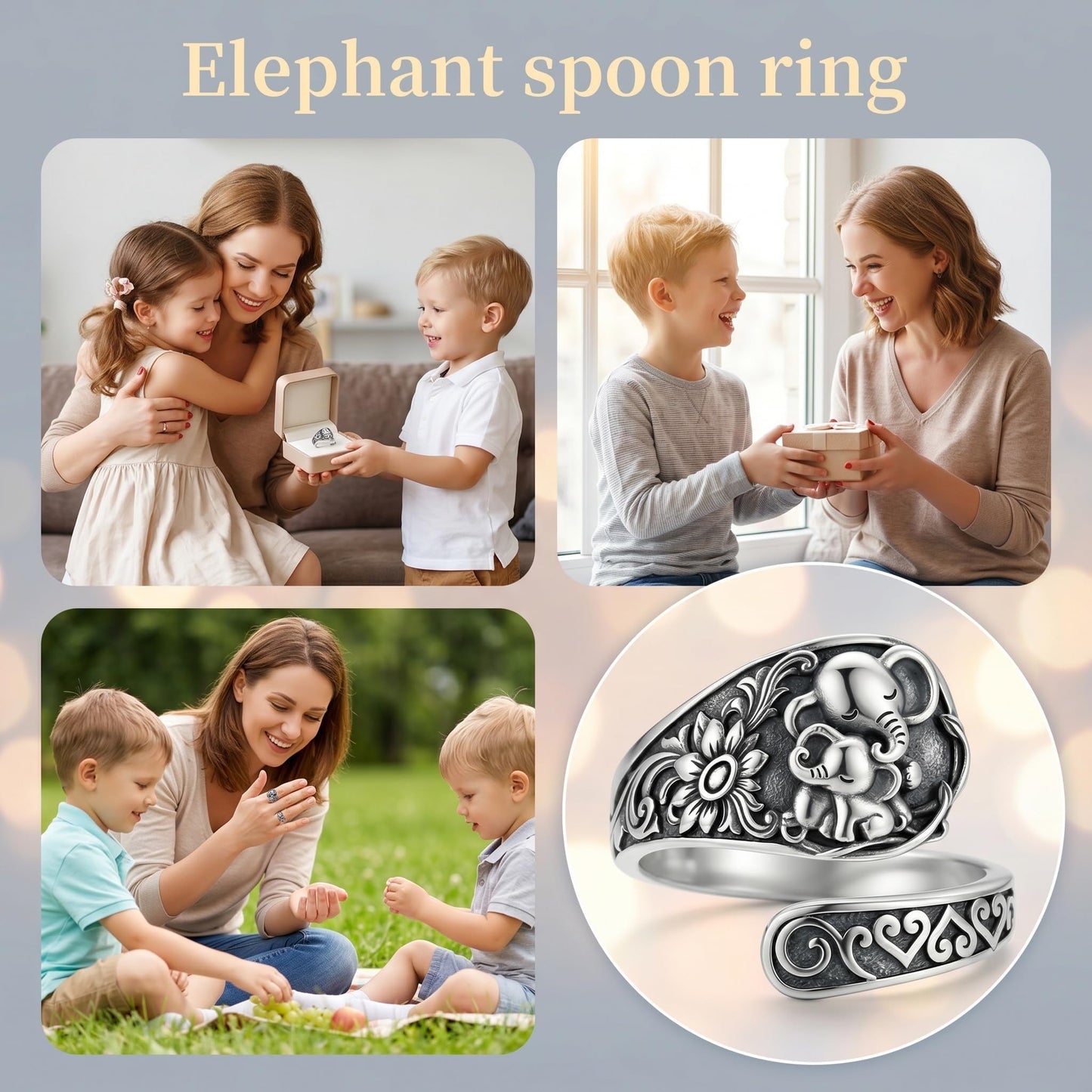 Midari Elephant Ring 925 Sterling Silve Mother Daughter Open Love Spoon Ring Finger Engraved Adjustable Mother Open Spoon Thumb Rings Mom Jewelry for Women Men