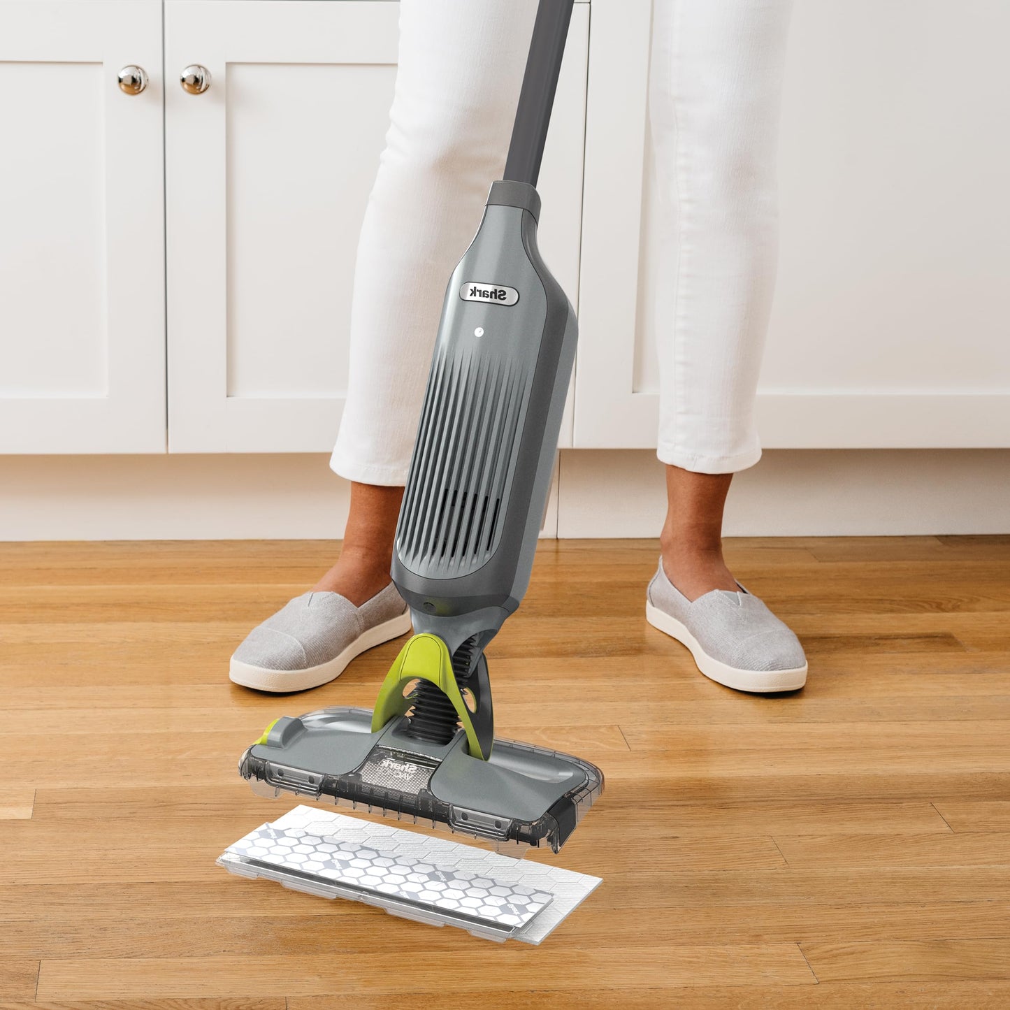 Shark VACMOP Cordless Hard Floor Cleaner, Vacuum and Spray Mop, Powerful Suction, Lightweight, LED Headlights, Includes 4 Disposable Pads, 12oz Multi-Surface Cleaning Solution, Gray, VM252