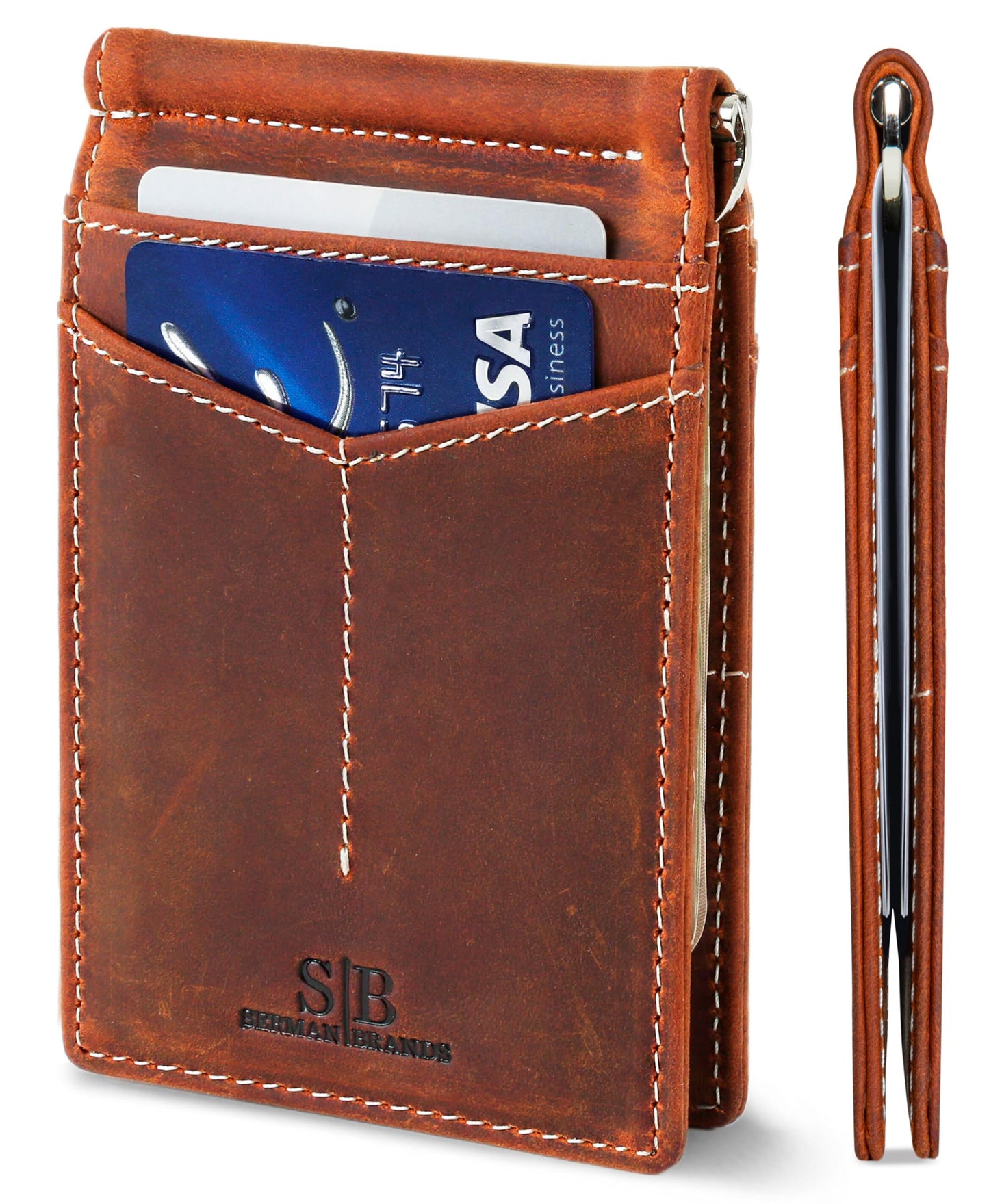 SERMAN BRANDS RFID Blocking Wallet Slim Bifold - Genuine Leather Minimalist Front Pocket Wallets for Men with Money Clip Gift (Canyon Red)