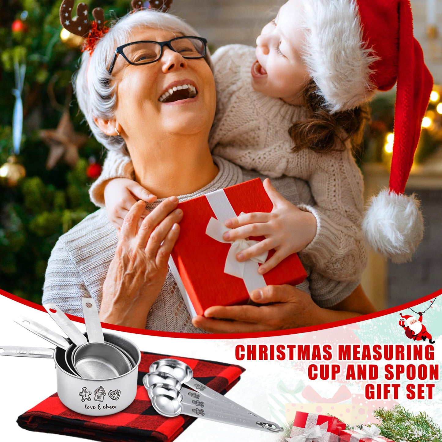 Nuogo 10 Pcs Christmas Measuring Cups and Spoons Set Christmas Gift Box Include 4 Stainless Steel Measuring Cups 4 Measuring Spoons and 1 Red and Black Plaid Towel Xmas Gift for Women