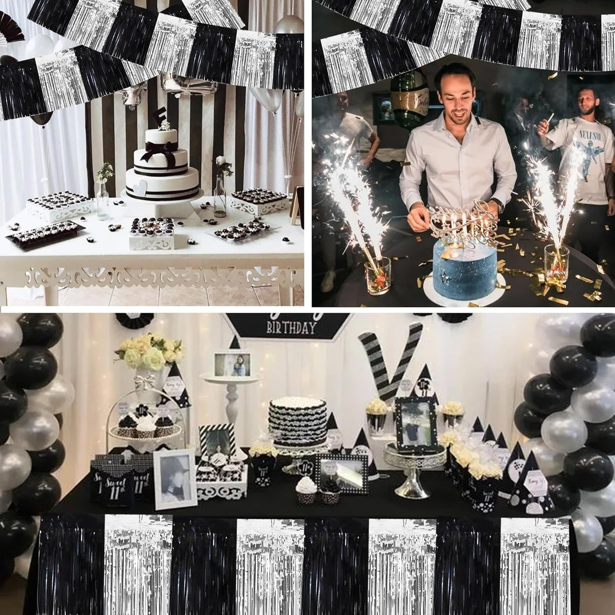 BEISHIDA 3 Packs Metallic Foil Fringe Garland Black Silver Wall Hanging Tinsel Fringe Banners for Car Floats Bridal Shower Wedding Birthday Easter Graduation Holiday Party Decoration(30 Feet)