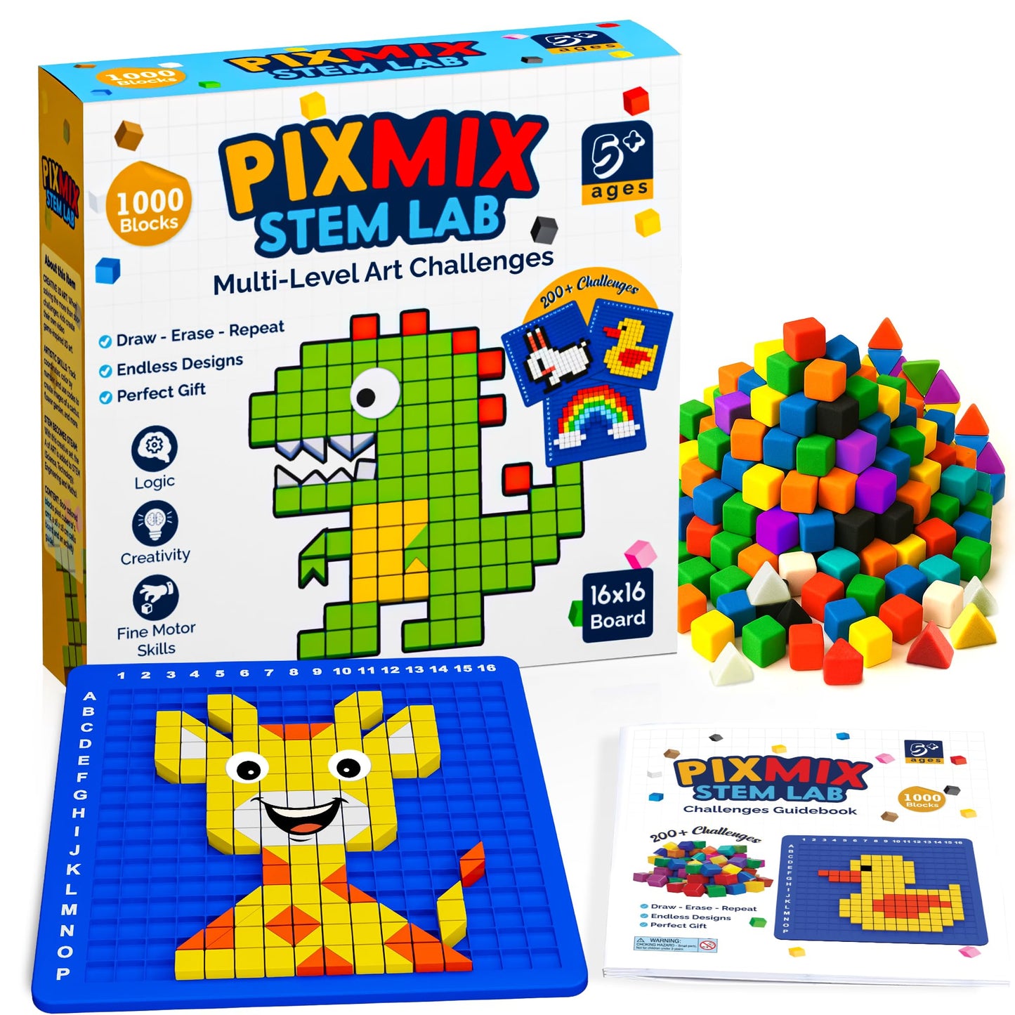 WIZZLY PIXMIX Pixel Building Art Kit for Kids Ages 5+ – STEM Toy for Boys & Girls, Creative Learning & Sensory Activity – 16x16 Board, 1000 Pieces, 200+ Multi-Level Challenges