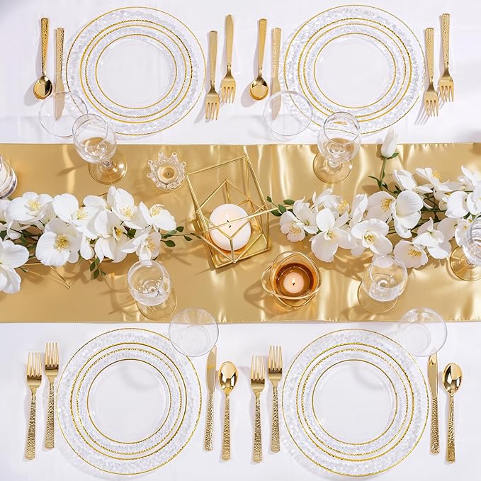 Nervure 102PCS Gold Plastic Plates - Disposable Clear Gold Party Plates Include 51PCS 10.25inch Dinner Plate & 51PCS 7.5inch Dessert Plate Perfect for Wedding & Party & Christmas (Pack of 2)