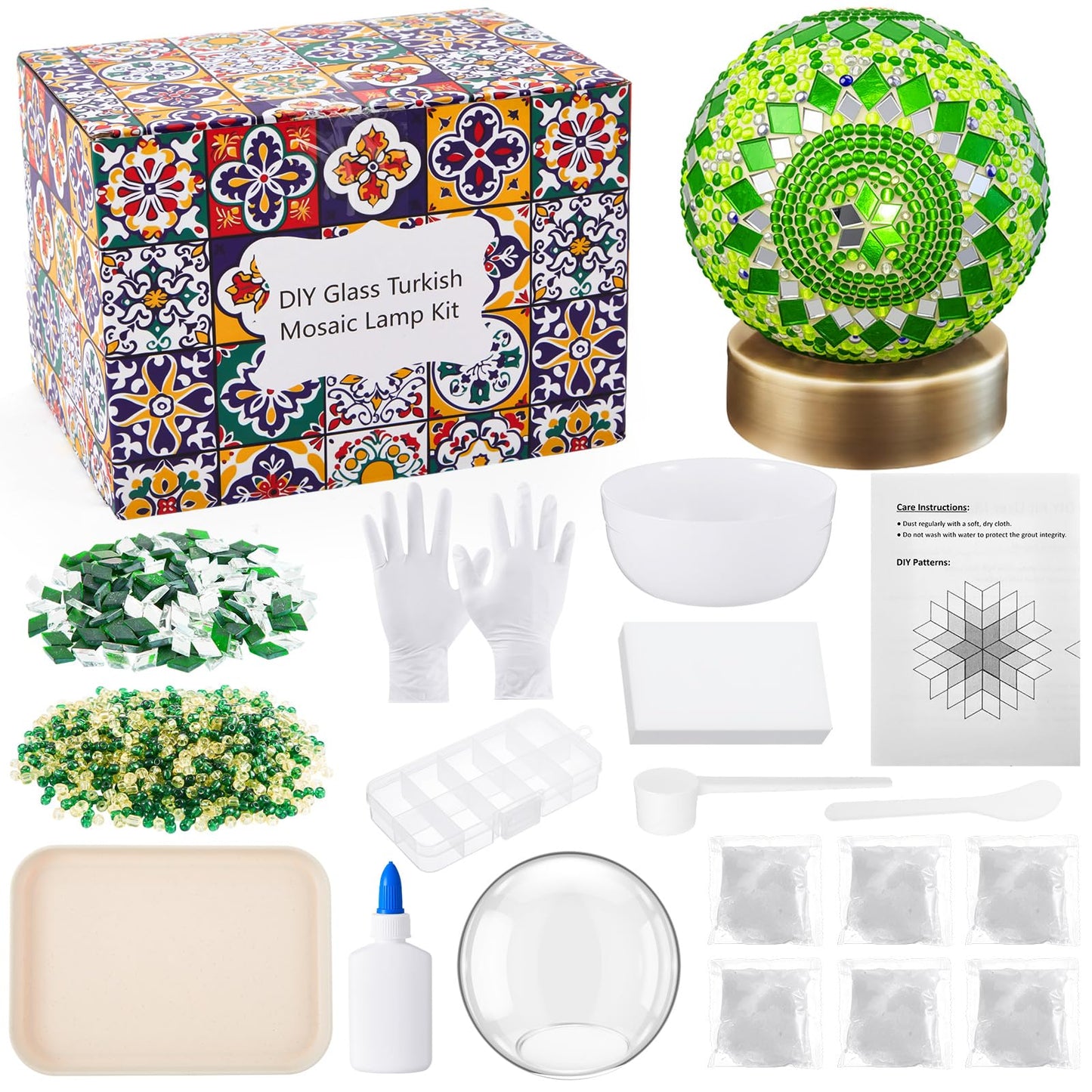 Baquler Turkish Mosaic Lamp Kit DIY Stained Glass Decorative Table Bedside Night Light Tabletop Bohemian Moroccan Lamp Craft Kit for Living Room Decorations(Green)