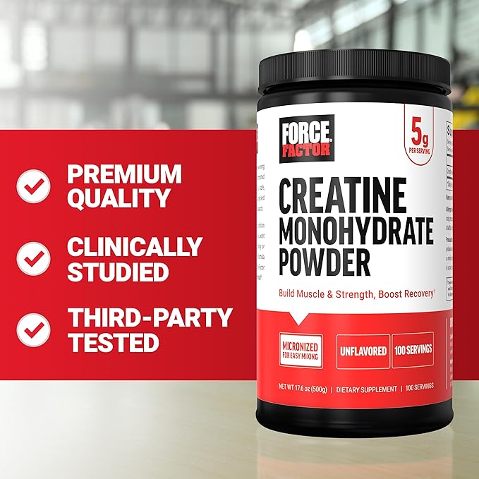 FORCE FACTOR Creatine Monohydrate Powder, Micronized Creatine for Muscle Growth, Strength & Recovery, Clinically Studied 5g Dose per Serving, Unflavored, 100 Servings