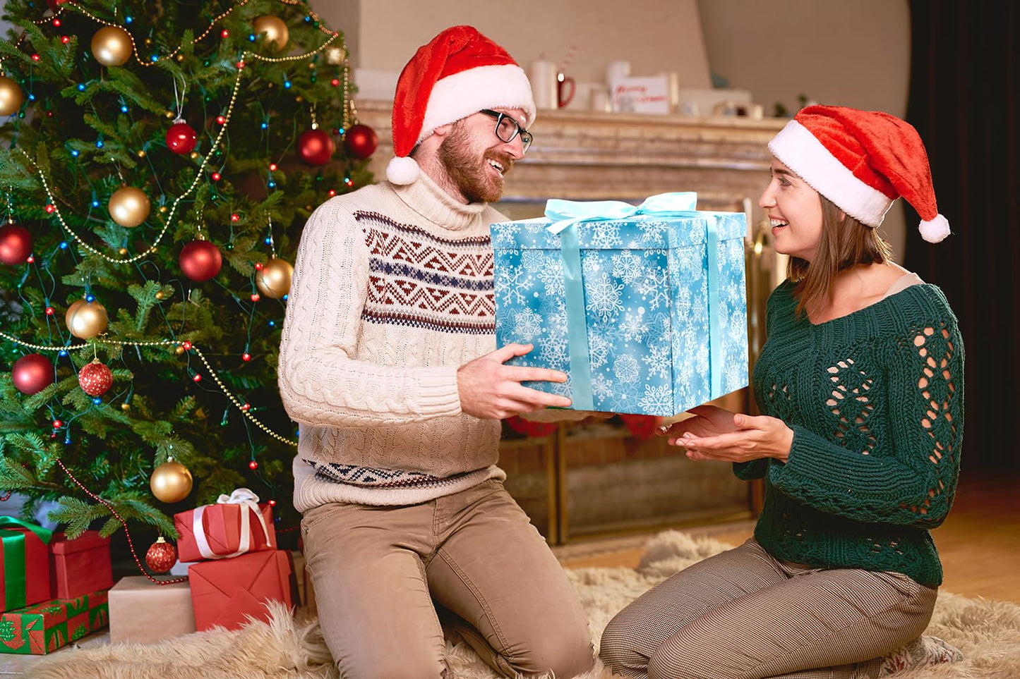 Jaywayang 10" Large Christmas Gift Box with Lid and Ribbon, Blue Snowflake Gift Box with Paper Filler for Holiday Xmas Presents Wrapping.