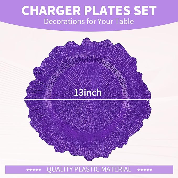 50 Pcs Purple Charger Plates Bulk 13 Inch Plastic Charger Plates for Dinner Plate, Purple Chargers for Table Setting, Reef Design Plate Floral Decorative Round Chargers for Wedding Party Event