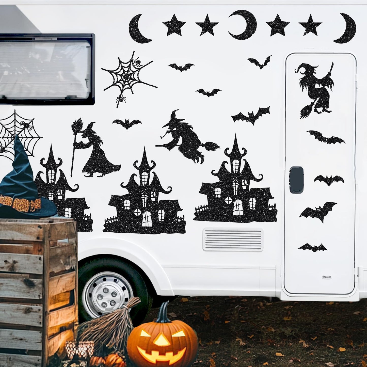 24PCS Glitter Black Halloween Witch Bats Magnetic Stickers Spider Web Castle Refrigerator Decal Outdoor Magnets for Fridge Garage Door Car Decor
