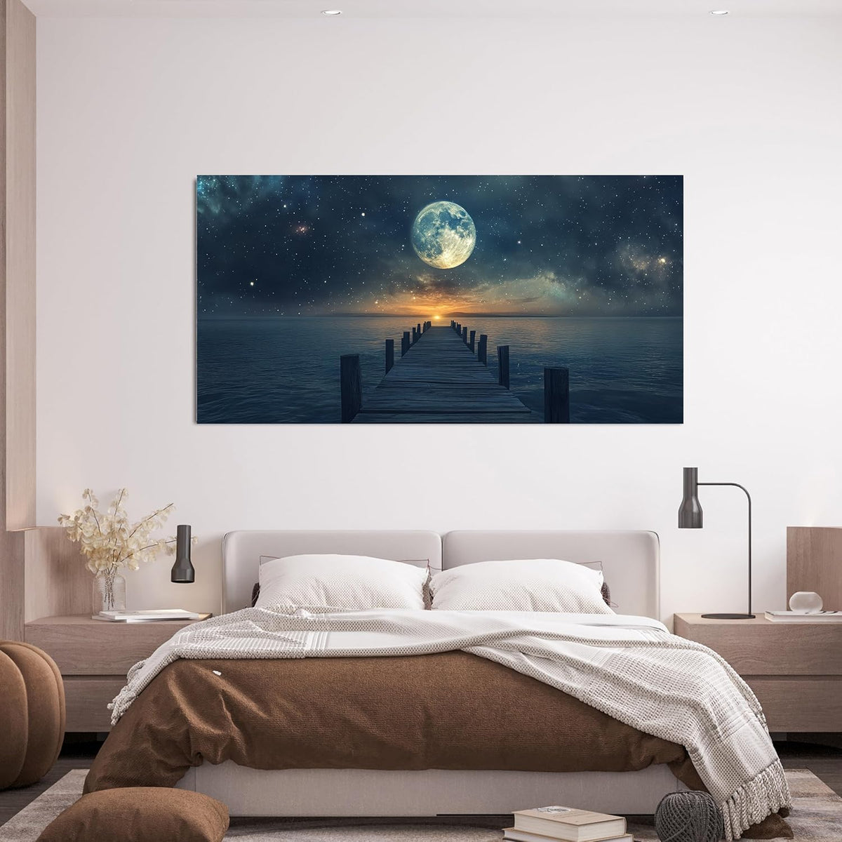 Canvas Wall Art Decor Artwork for Walls Large Wall Art Pictures for Living Room Landscape Coastal Wall Art Natural Blue Wall Decor Art Prints Star Moon Art Work for Home Office Wall Decor 24" x 48"