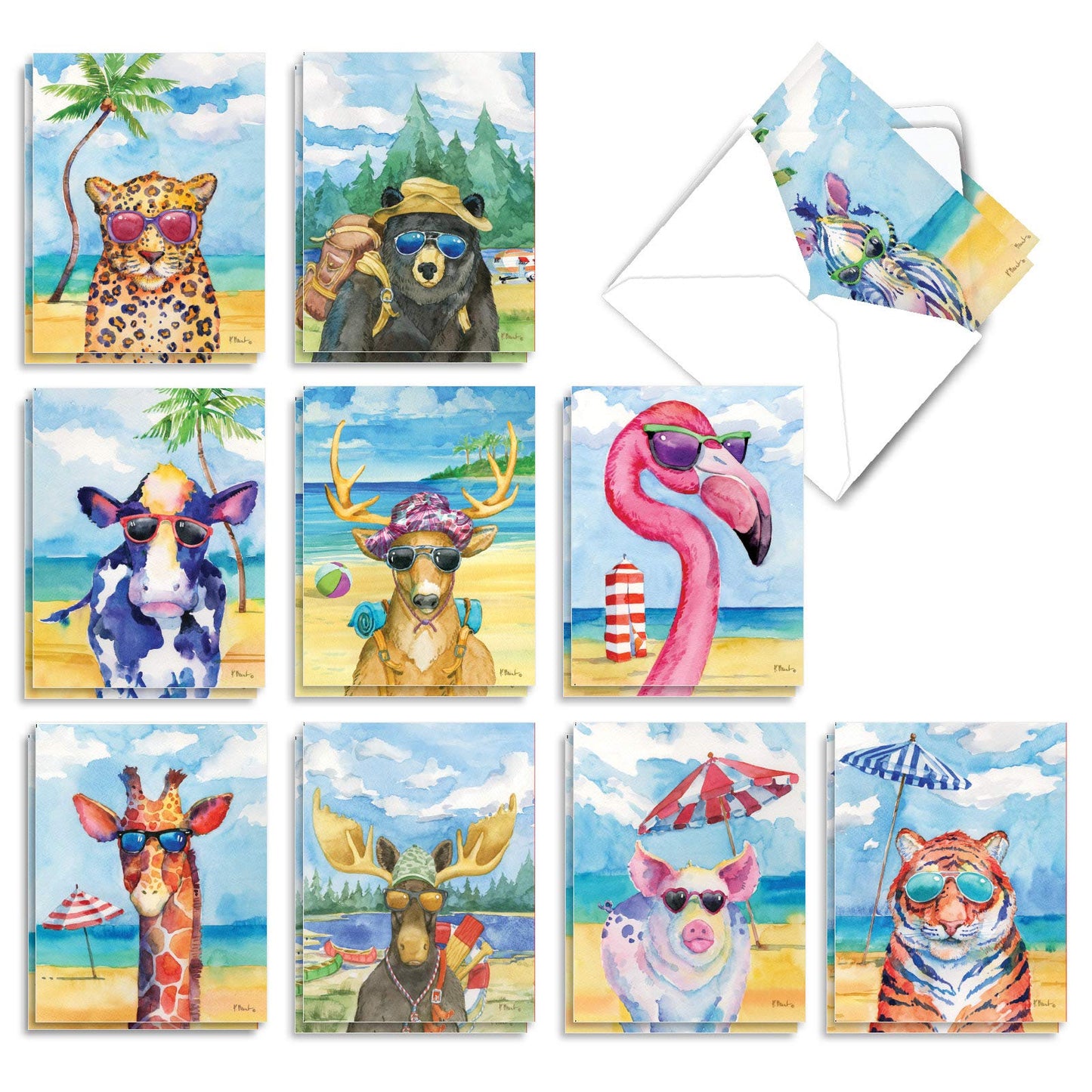 The Best Card Company - 20 Assorted Bulk Wildlife Whimsical Greeting Cards Boxed Set (4 x 5.12 Inch) Wildlife Variety Notecards for Kid (10 Designs, 2 Each) - Animal's Day Off AM6670OCB-B2x10