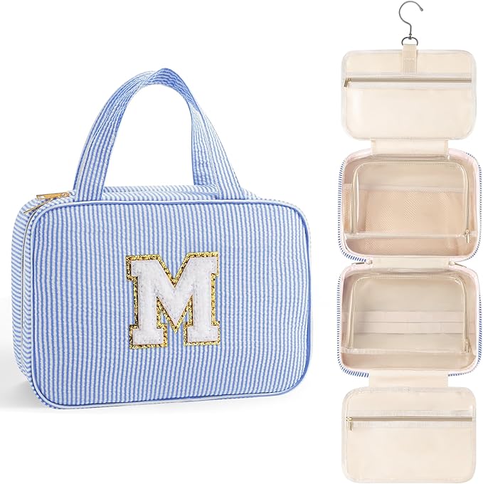 TOPEAST Initial Makeup Bag - Travel Toiletry Bag for Women, Personalized Birthday Gifts for Women Teen Girls Sister Daughter, Travel Toiletry Bag Monogramme Makeup Bag - Letter M, Blue