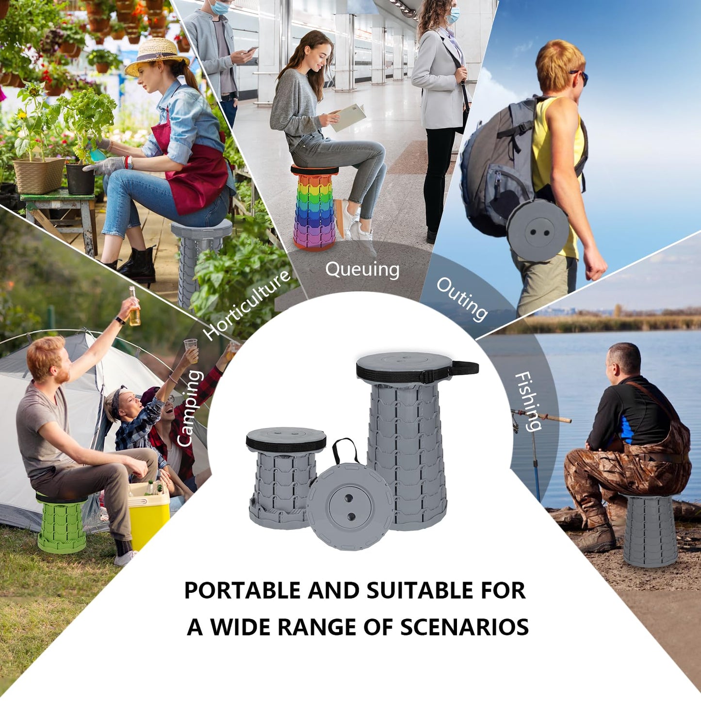 RizzQi Upgraded Collapsible Stool 450LBS - Adjustable Height (2.5"-18") Portable Telescoping Seat for Camping Hiking Indoor Office (Light Gray)
