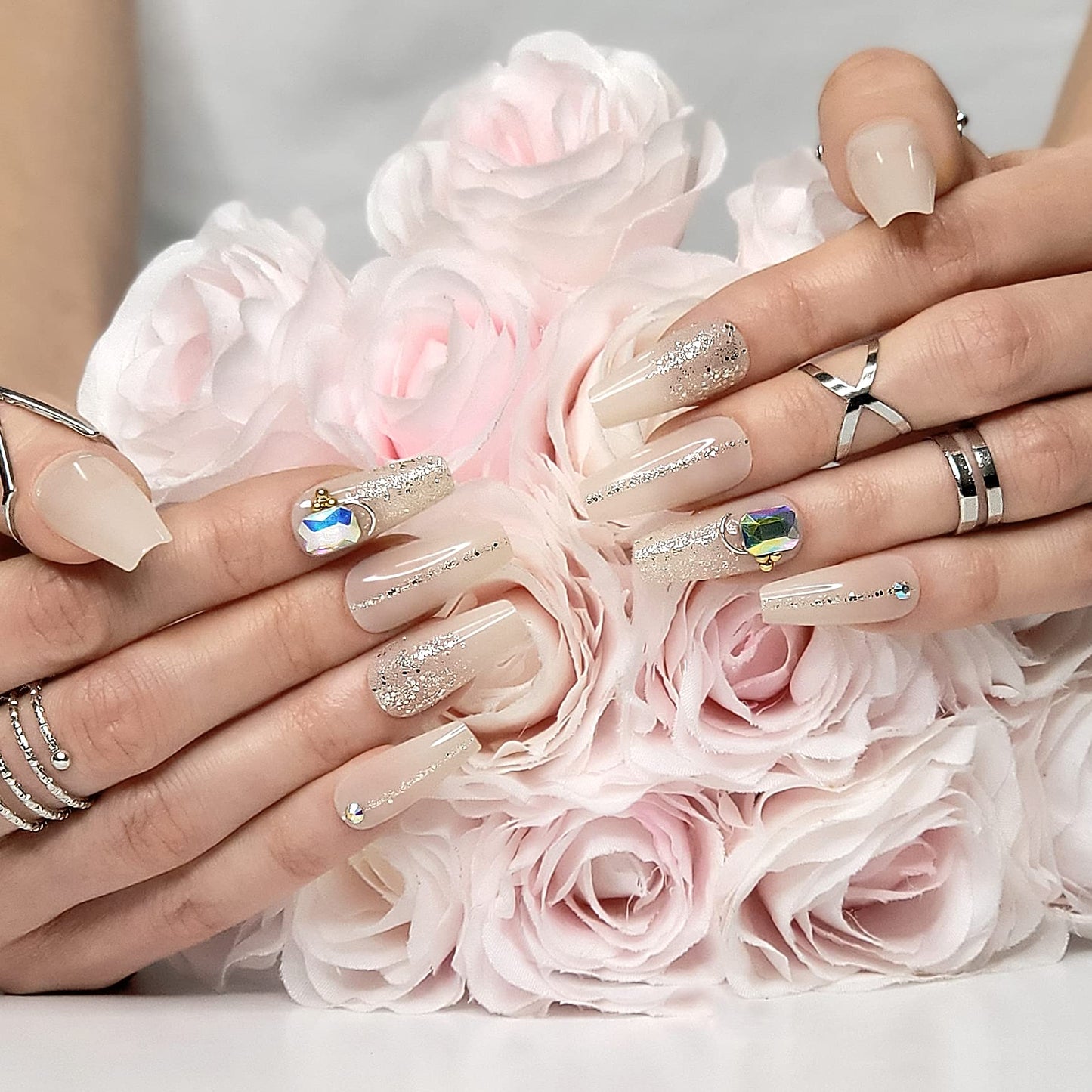 Hypnaughty 24 Pcs Jewels Rhinestone and Ombre Glitter Nude Luxury Coffin Bling Press on Nails with Design and Glue Medium Long Nude False Nails with Gems (Jewels)