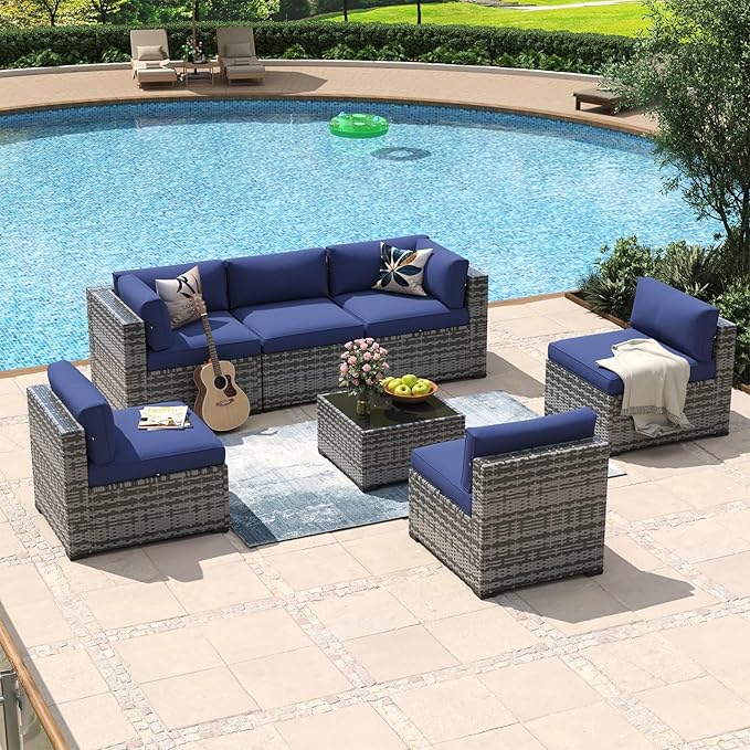 Aoxun 7 Piece Patio Furniture Set Wicker Rattan Patio Conversation Set Outdoor Sectional Sofa Set with Coffee Table and Thickened Cushions, Gray/Blue(Waterproof Cover Included)