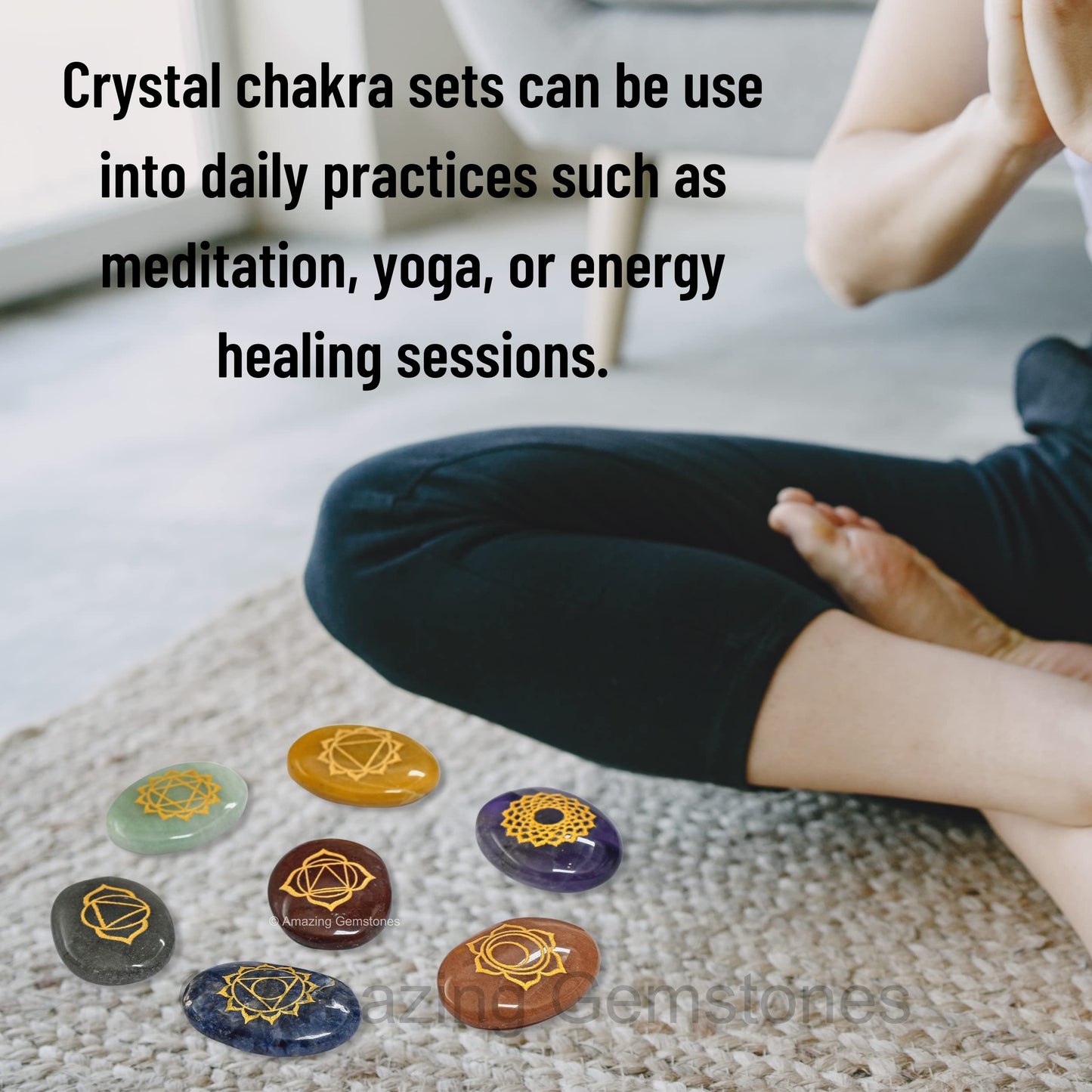 Amazing Gemstone 7 Chakra Oval Set Reiki Healing Crystal with Engraved Chakra OM Symbols Holistic Balancing Polished Palm Stones Set with Velvet Pouch