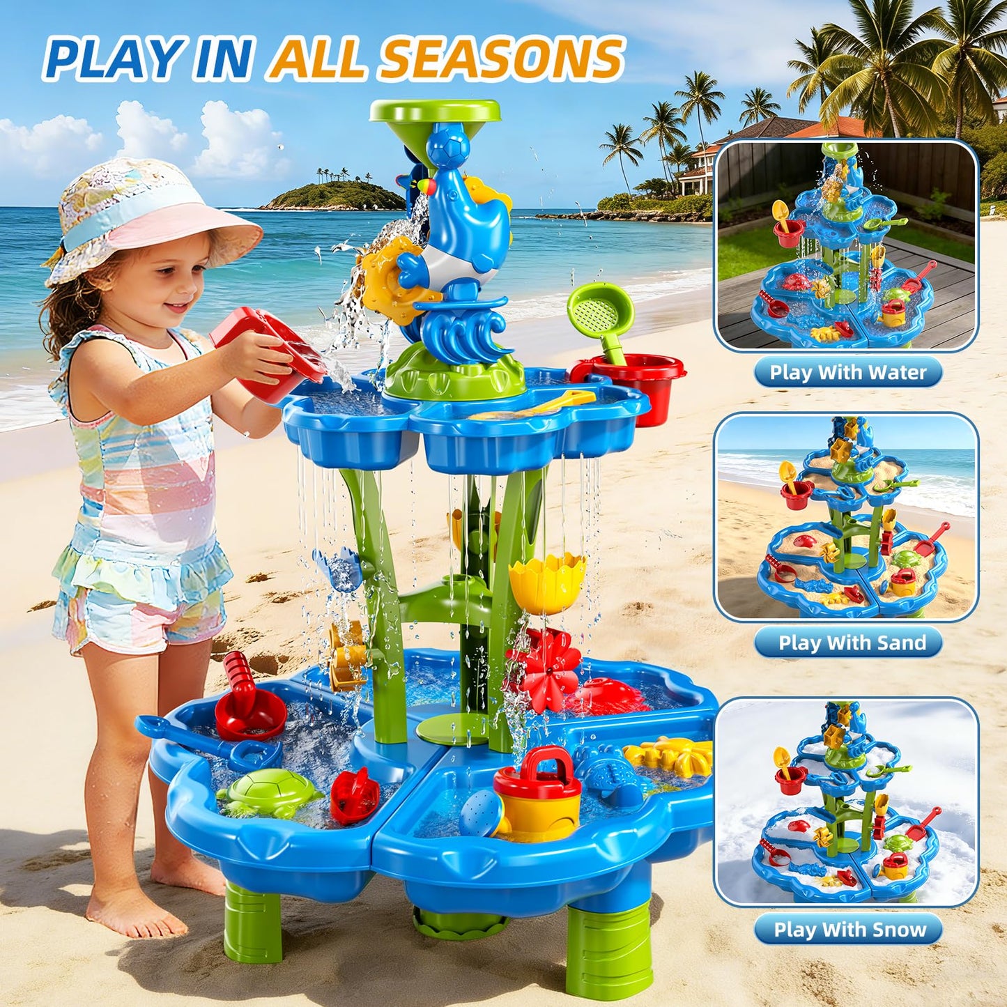 3-Tier Sand and Water Table for Toddlers 1-3 3-4, Kids Sand Water Play Table Toys for Kids Boys Girls 2 3 4 5 6 Years Old, Kids Toddler Play Activity Set Toys for Summer Beach Pool Indoor Outdoor Yard