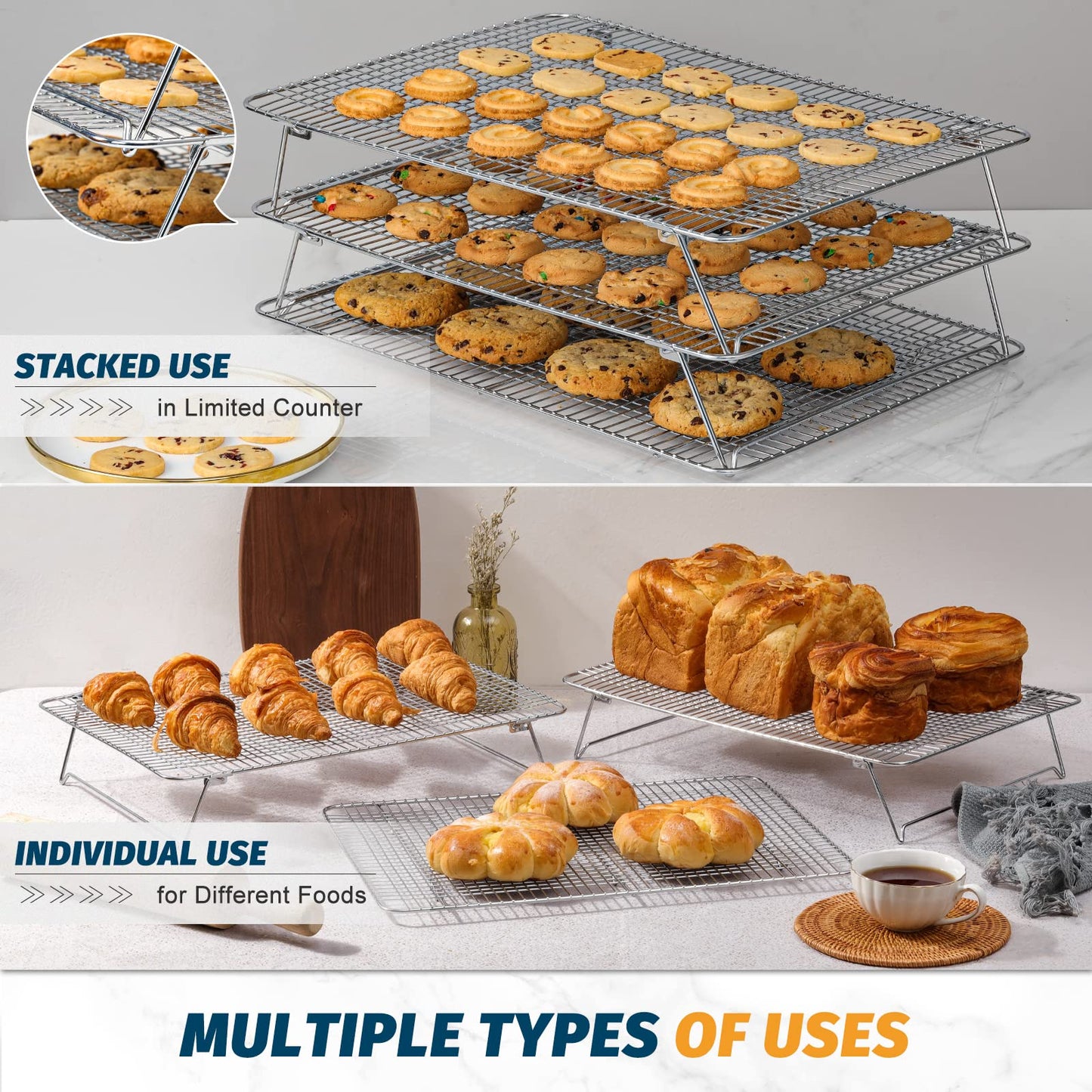HIWARE Oven-Salf Collapsible Cooling Rack for Baking, 3 Tier 12”x 16.5”, Stainless Steel and Fit Half Sheet, Stackable Wire Cooling Racks for Cookie, Pizza, Cake