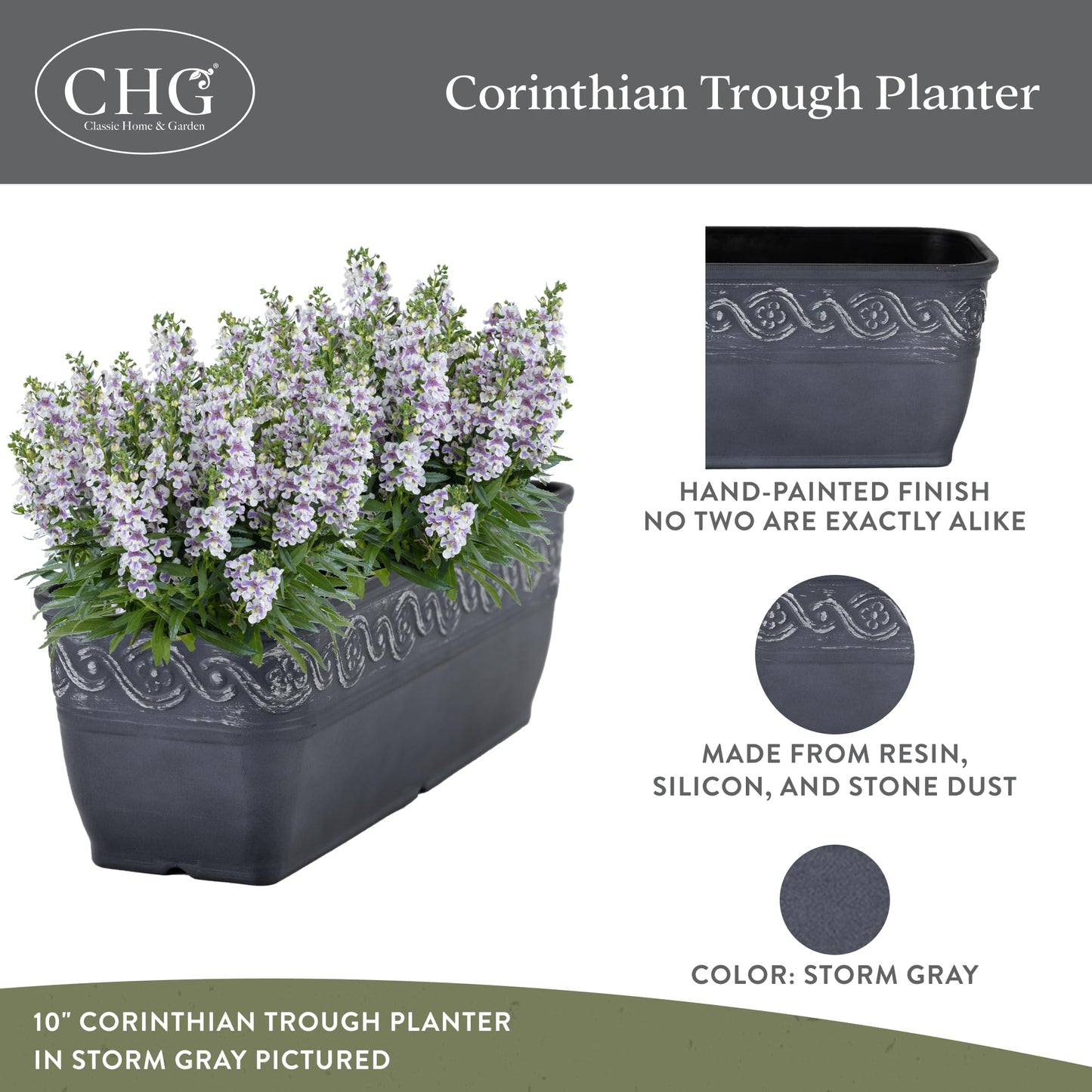 Classic Home and Garden Corinthian Rectangular Planter Box w/Drain Plug - Small Succulent Pots - Shallow Trough Planter for Indoor/Outdoor (10” Storm Gray, Pack of 1)