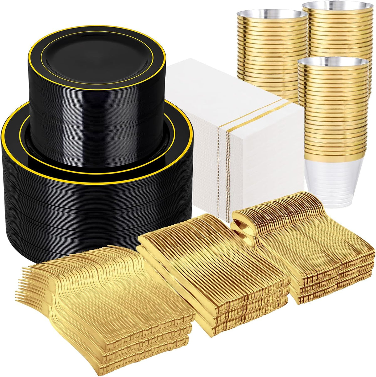 GATHER 700PCS Black Plastic Plates - Gold Disposable Plastic Dinnerware Set Include 200 6.3inch/9inch Black Plates, 300 Silverware, 100 Napkins, 100 Cups for Party & Wedding & Halloween