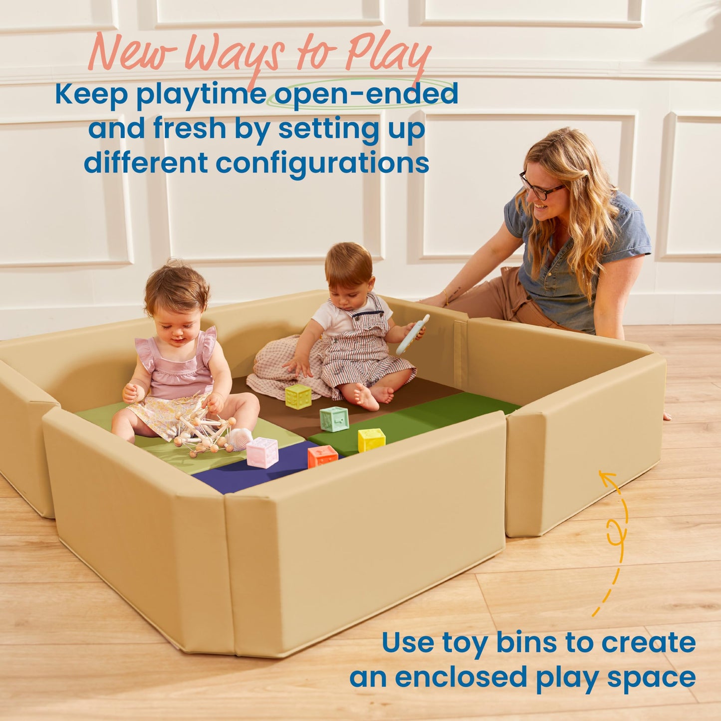 ECR4Kids SoftZone Play Patch Activity Mat and Toy Bins, Beginner Playset, Earthtone, 6-Piece