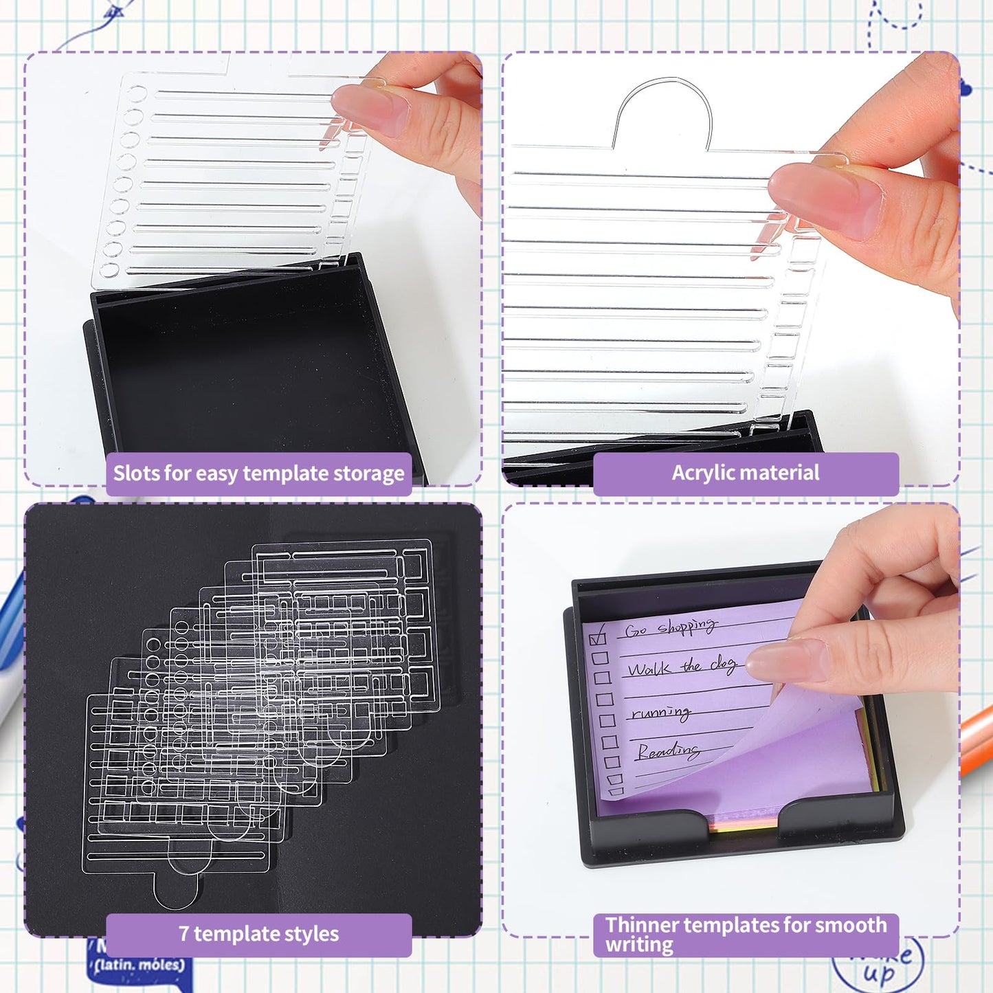 BESARME Sticky Note Holder 3x3 Sticky Note Stencil with 7 Template, Sticky Note Stencil and Holder Note Dispenser for Desk Home Office