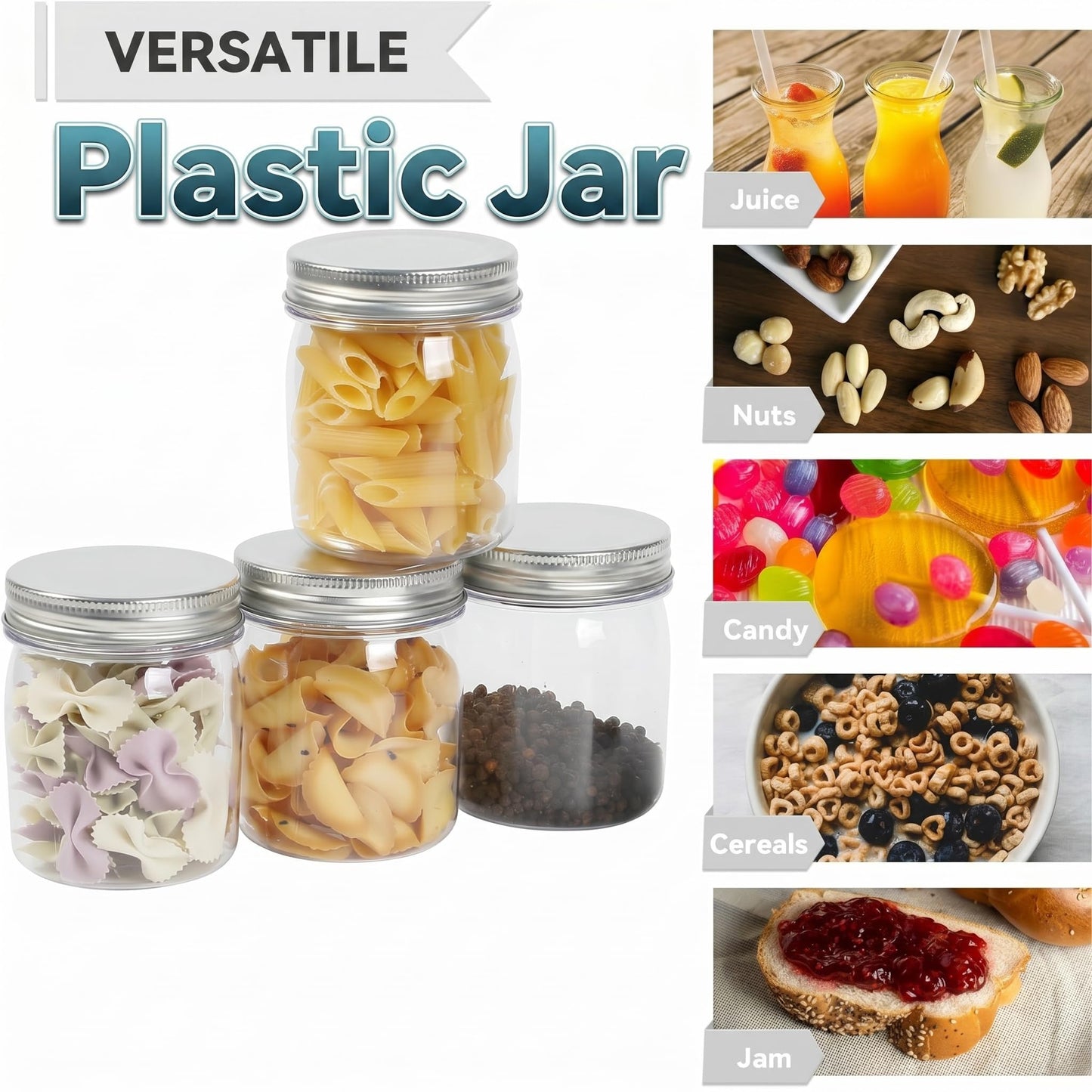 novelinks 8 oz Clear Plastic Jars with Airtight Lids, 32 Pack Plastic Mason Jars with Lids 8oz, Refillable Storage Slime Containers & Small Spice Jar for Kitchen Organization (32 Pack,Silver)