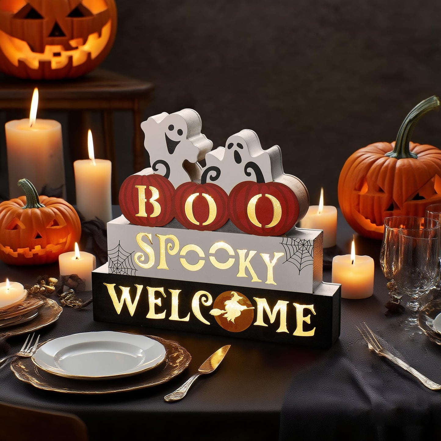 WBao Halloween Decorations Indoor 9.4inch Premium Wooden Block Set with Glowing 3D Letters, Timer, Battery Powered Rustic Farmhouse Centerpiece for Home, Table, Mantel, Shelf Halloween Party Decor
