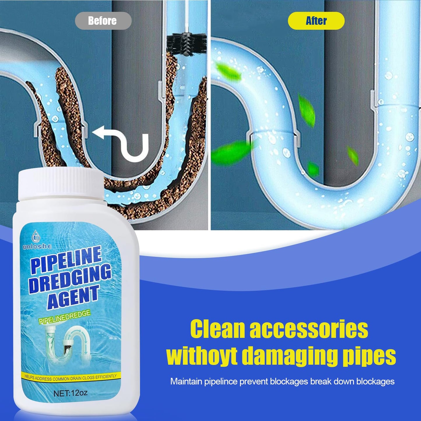 Pipeline Dredging Agent, Drain Clog Remover, Powerful Sink Drain Cleaner for Bathroom and Kitchen Sink Pipe Unclog (2PCS)