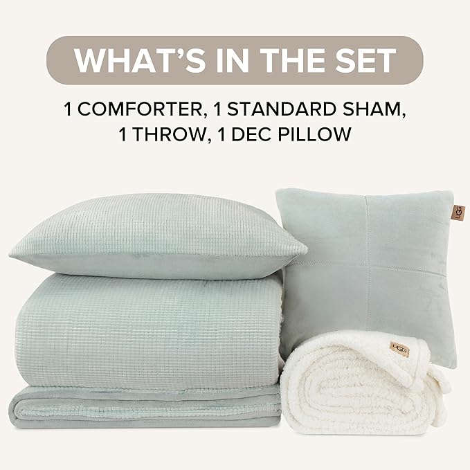 UGG Remina Twin Comforter Set 4 Piece Bed in a Bag with Throw Blanket, Decorative Pillow, Sham, and Reversible Comforter Hypoallergenic Washable Dorm Bedding, Twin XL, Blue Green Clear Creek