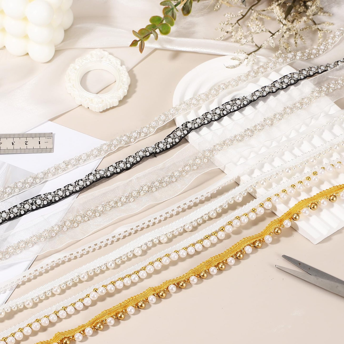 uxcell 2 Yards Pearl Beaded Trim, 1cm Bridal Lace Ribbon Trimming Edge Embellishments for Sewing Wedding Party Dress Fabric DIY Craft, Tone Beads
