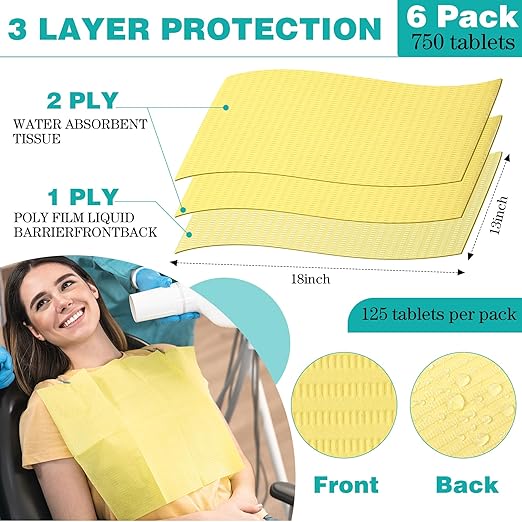 Newwiee 750 Pcs Disposable Dental Bibs Bulk Waterproof Tattoo Sheet Patients for Lash Nail Art Tray Cover 13" x 18"(Yellow)