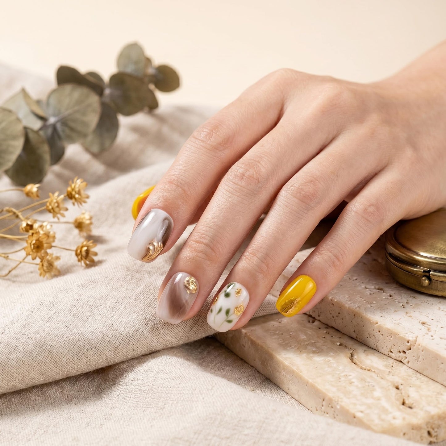 Sun&Beam Nails Handmade Press On Nail Short Round Hand-painted Golden Flowers Acrylic Fake Tip Design Art Charms Cute with Storage Box 10 Pcs (#005 M)