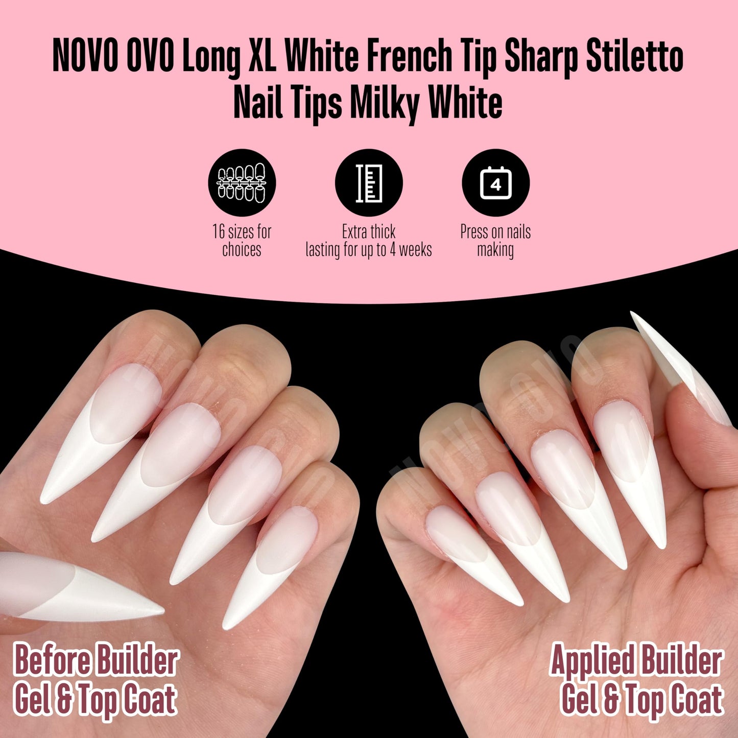 NOVO OVO White French Tip Long XL Sharp Stiletto Nail Tips Press on Milky White (Cloud Dancer), Soft Gel Double Matte Fake Nail Extension, Full Cover False Nails for Acrylic DIY x 16 Sizes 160 pcs