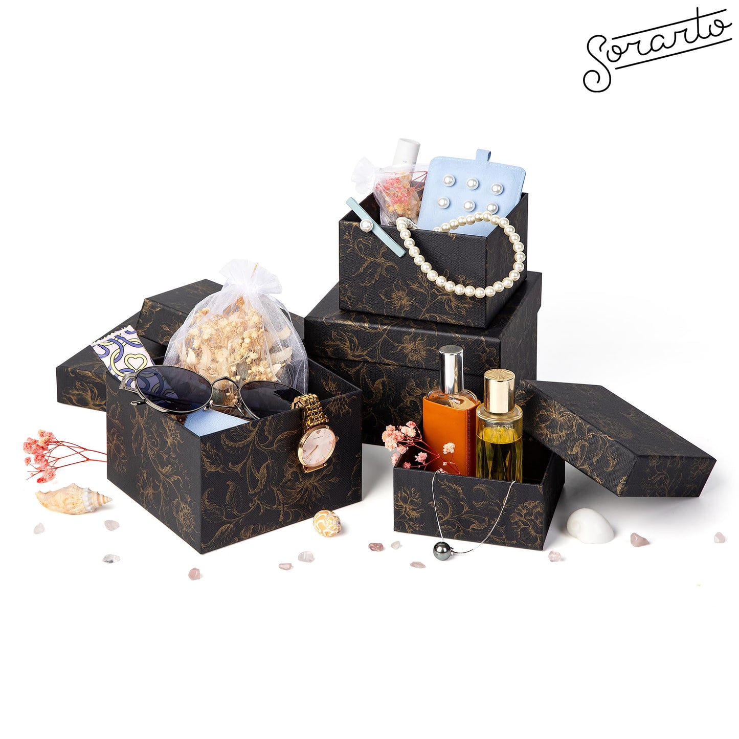 Sorarto Square Gift Boxes with Lids 4pc Set | Black Gold Floral Nesting Gift Boxes for Presents Birthday Wedding Bridesmaid Christmas