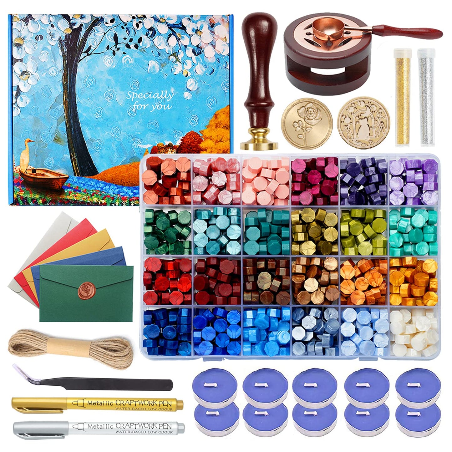 Comealltime Wax Seal Kit with Gift Box, 624 Pcs 24 Colors Sealing Beads, 2 Pcs Stamps, Sealing Wax Warmer, Metallic Pen, Envelope, Candles for Wedding Birthday Gift and DIY Craft, Sellado de Cera