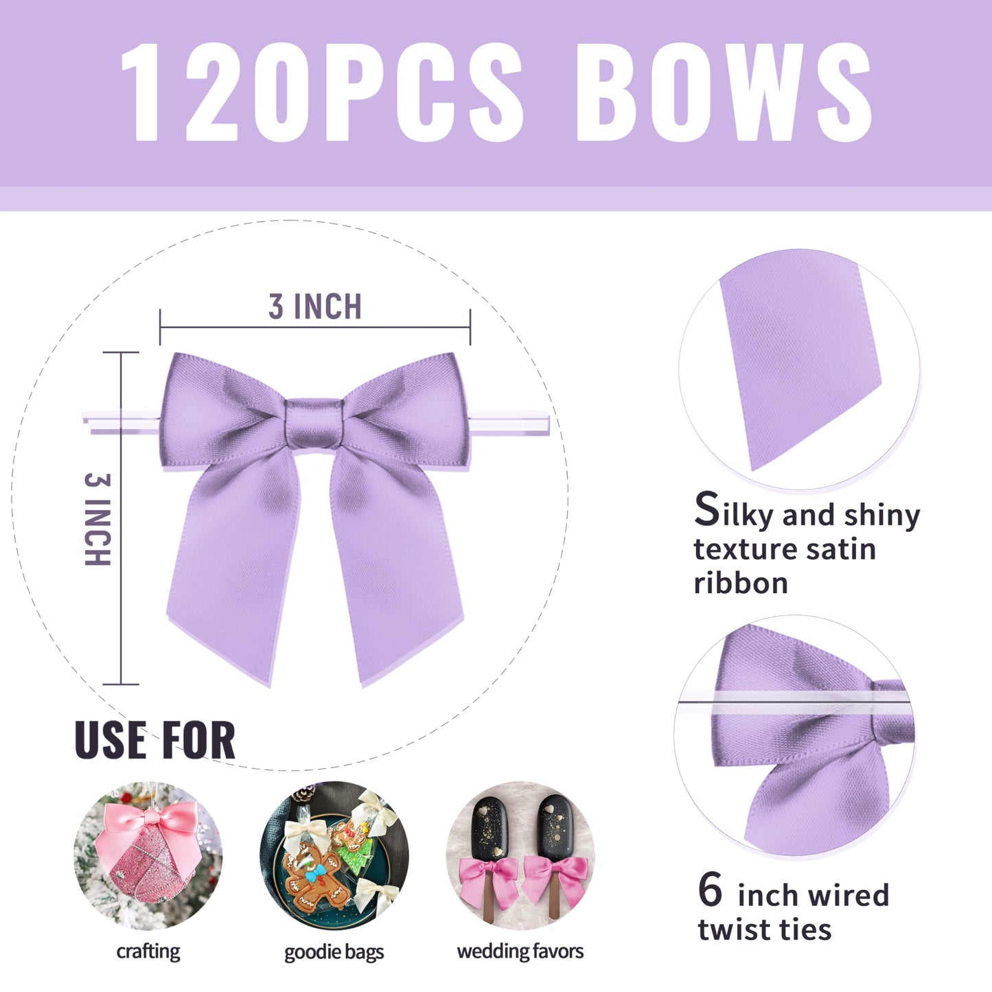 Rainbow Pana 120 Pack Twist Tie Bows for Treat Bags 3" Violet Satin Ribbon Bows for Package Craft Gift Wrapping Decoration