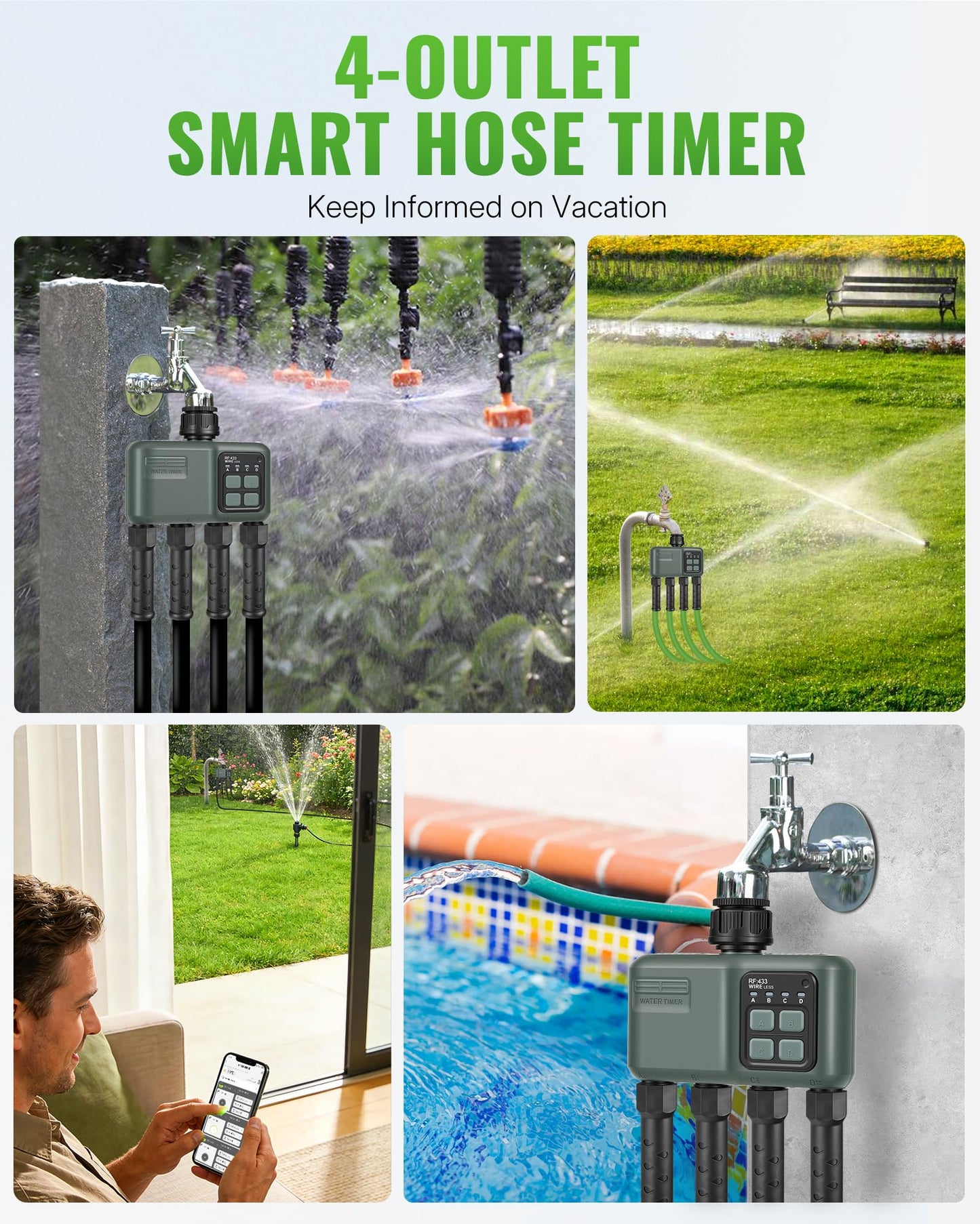 WILAWELS WiFi Water Timer for Garden Hose, Sprinkler Timer 4 Zone, Smart Hose Water with WiFi Irrigation Controller,Voice Control RF433 Automatic Irrigation System/Rain Delay/Manual Watering D34WT06