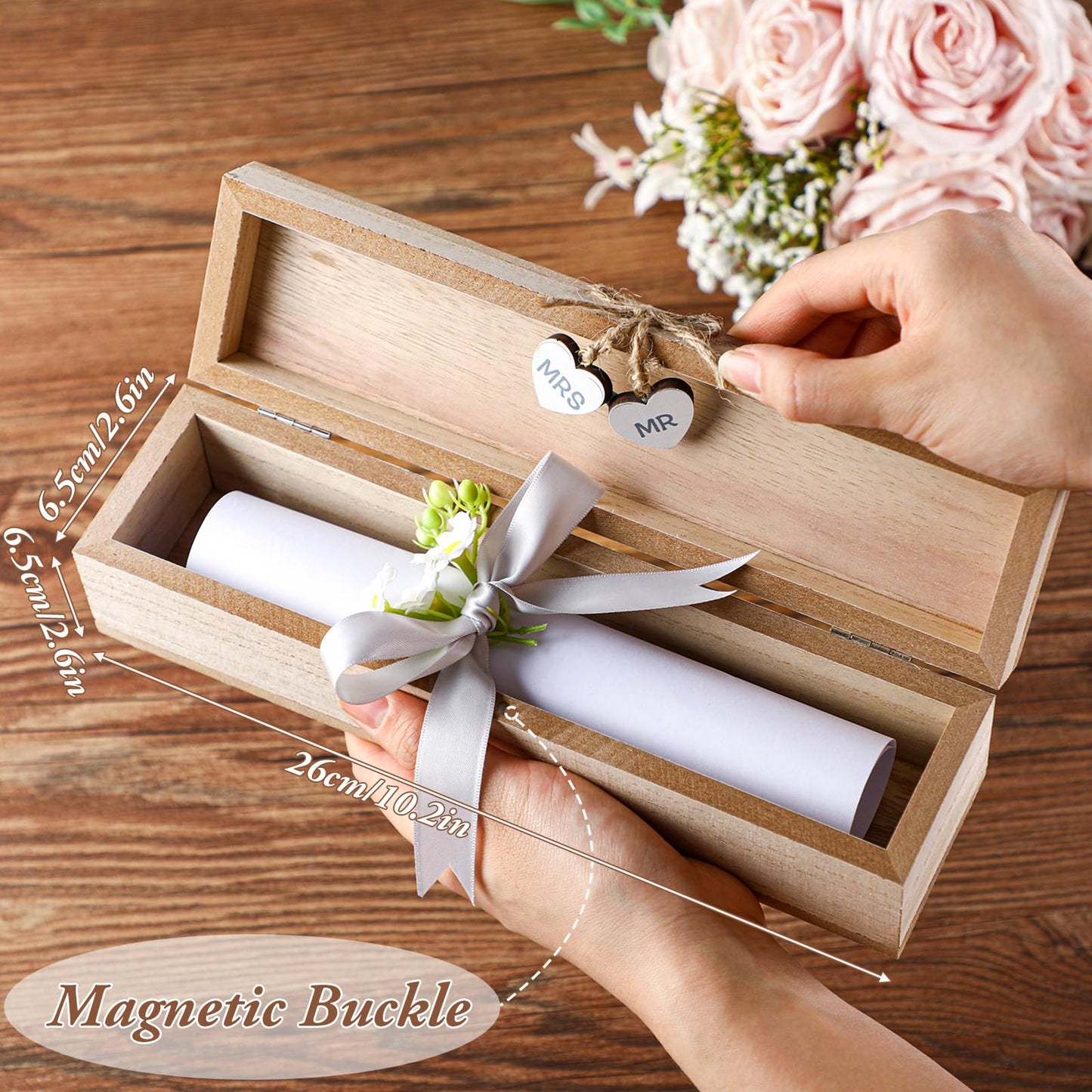 Thyle Mr & Mrs Wedding Certificate Holders Wooden Marriage License Keepsake Box with Bow and Magnetic Buckle Wedding Certificate Storage Box Gifts for Newlyweds Couples Gift(Natural Color)