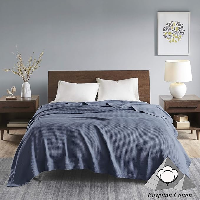 Madison Park Soft Certified 100% Egyptian Cotton Breathable Cozy Blanket, Premium Waffle Knit Classic Design, Luxury All Season Lightweight Cover for Bed, Couch and Sofa, Blue Full/Queen(90"x90")
