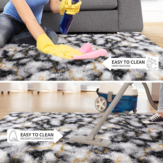 Tepook Soft Fluffy Rugs for Bedroom, 4x6 Area Rug for Living Room, Modern Shaggy Room Rug for Kids Boys Girls, Plush Throw Rugs Indoor Nursery Home Decor Rug with Non-Slip Bottom, White Black Gold