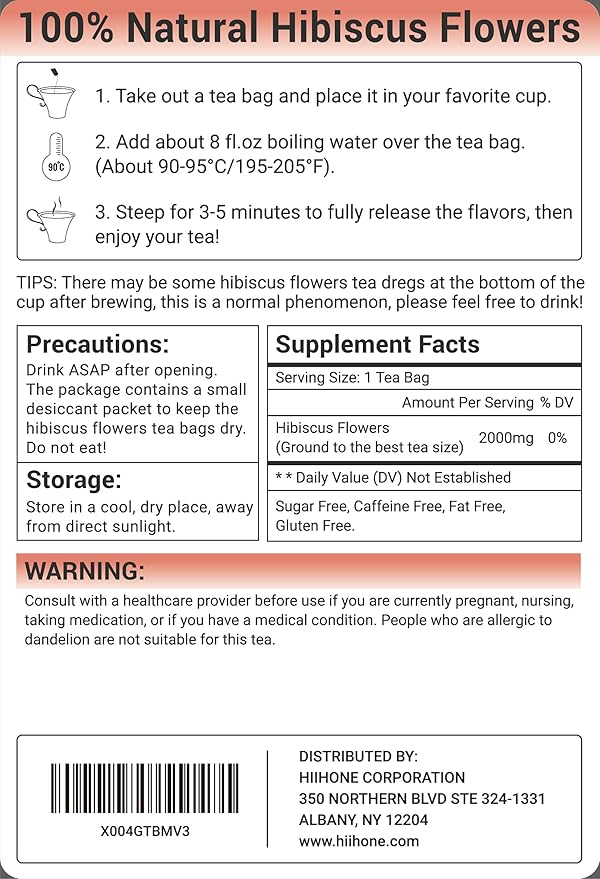 Hibiscus Tea Bags, Hibiscus Flower Herbal Tea - Caffeine & Sugar Free, 50 Teabags