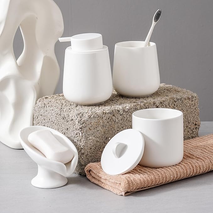 Ceramic Bathroom Accessories Set,Includes Foaming Soap Dispenser, Toothbrush Holder, Soap Dish, Cotton Swab Jar,Bathroom soap and Toothbrush Holder Set,Classic Design(White Set - Foam)