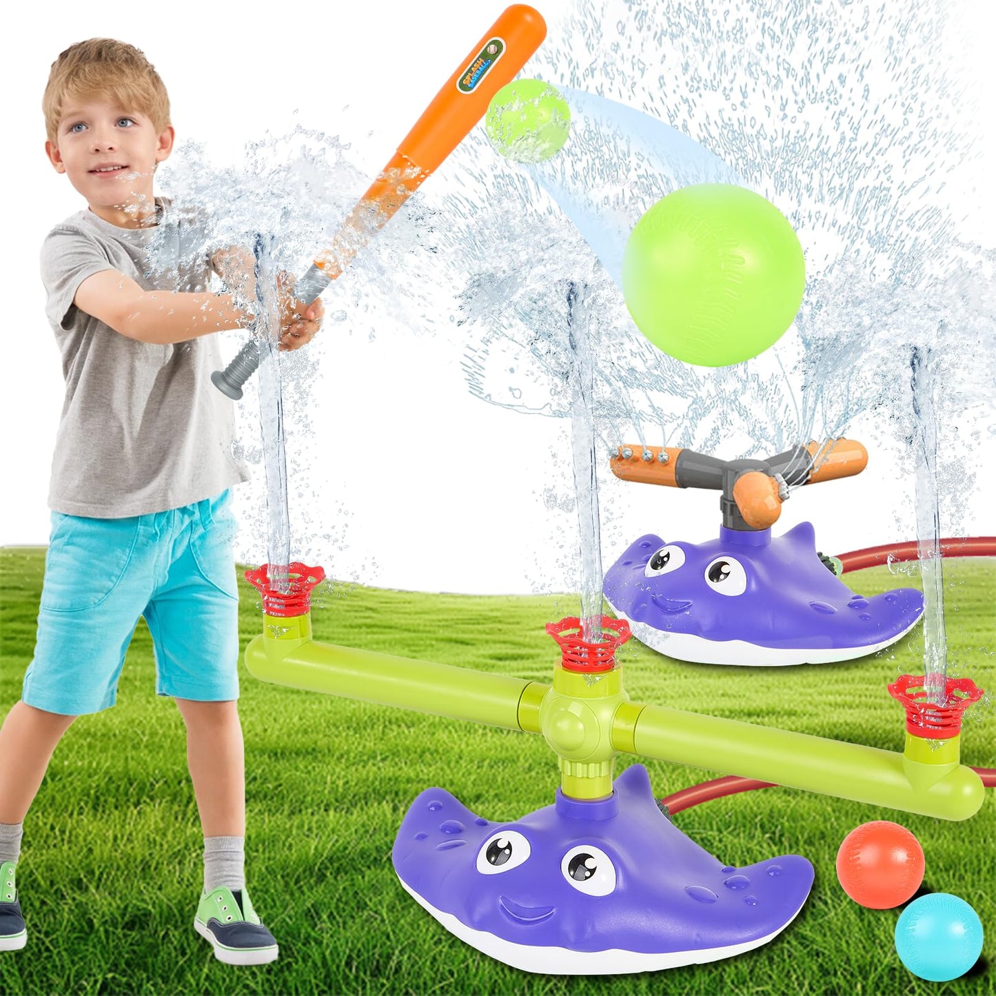 PWSOMJ 2-in-1 Water Sprinkler Baseball Toy Set for Kids, Summer Outdoor Water Game with 2 Sprinkler Heads, 360° Rotating Sprinkler for Backyard Summer Fun
