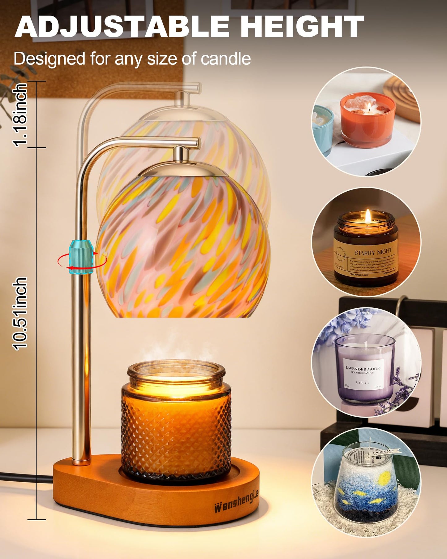 WangshengLe Stained Glass Candle Warmer Lamp Adjustable Height, 7-Level Dimmable Brightness with 2/4/8H Timer, Candle Warmer Light with 2 Bulbs for Women Mom Scented Jar Candles - Gold