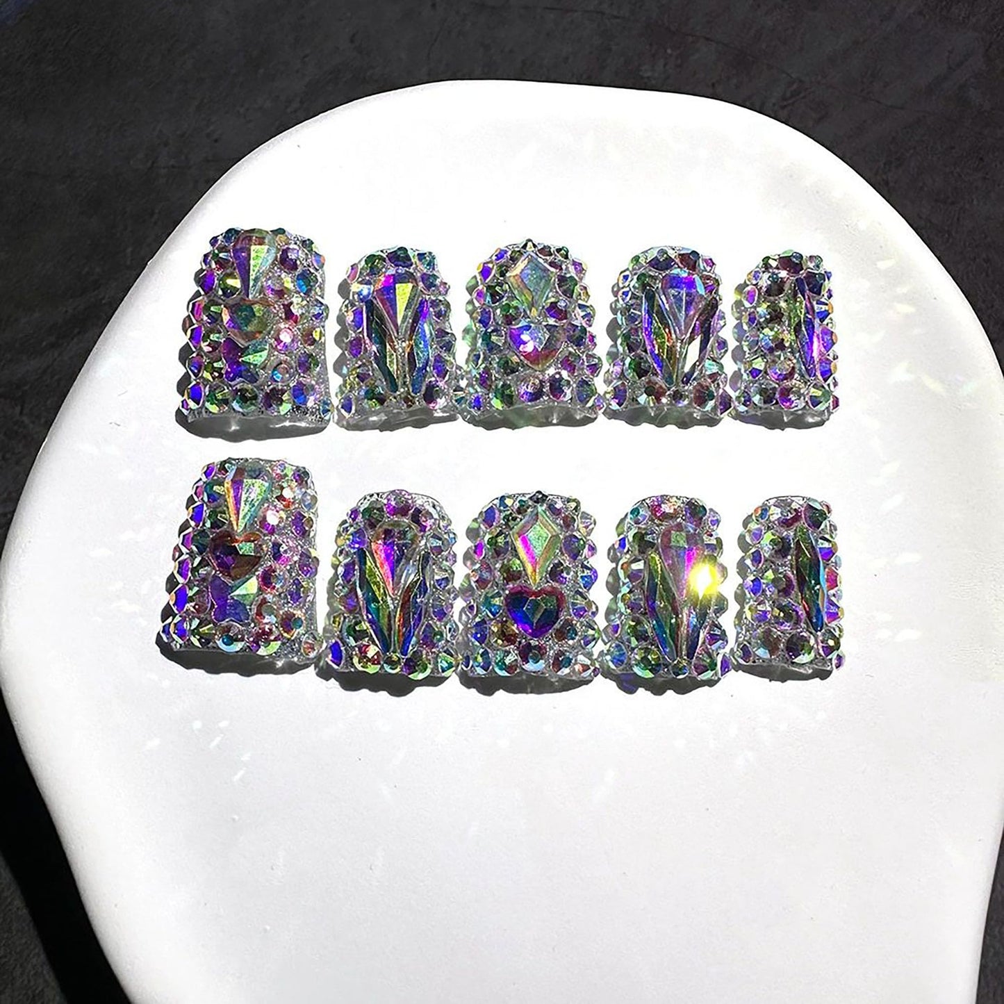 Qicaijia Short Press on Nails Duck Handmade Fake Nails Sparkly Rhinestones Full Cover False Nails with Designs Luxury Reusable Glue on Nail for Women 10Pcs(Size M)