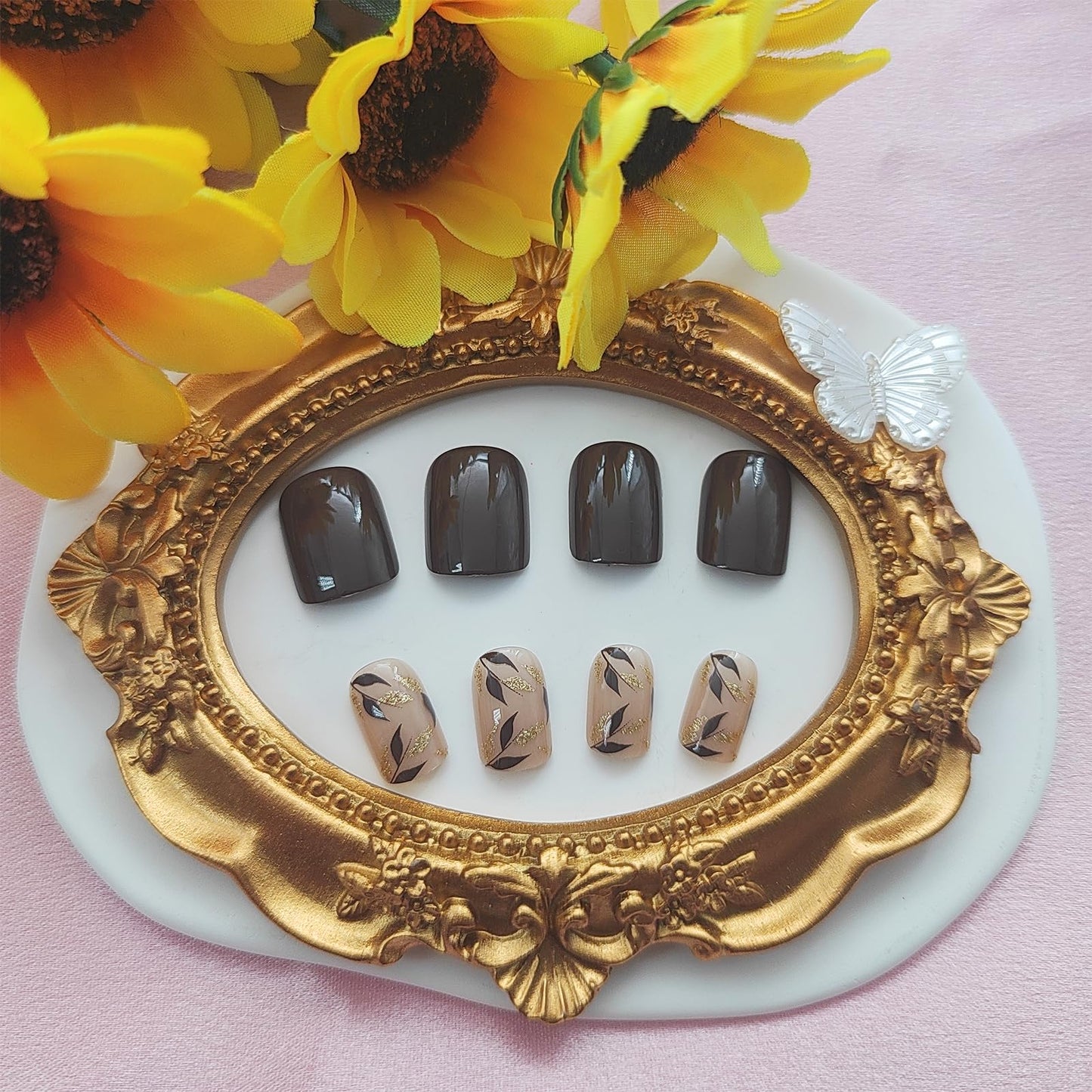 Square Press On Nails with Golden Glitter & Leaves Designs - Fall Nails, Glossy Glue On, Brown, Full Cover Acrylic Stick Ons for Women - 24 Pcs